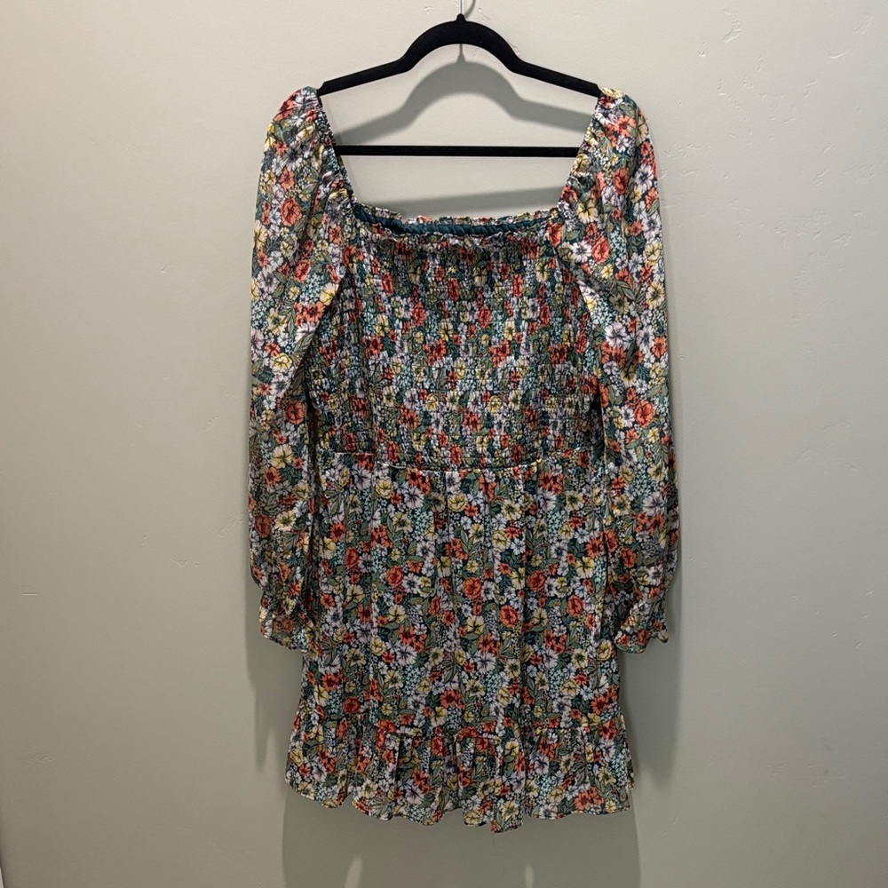 LC Lauren Conrad Floral Smocked Long Sleeve Mini Dress - Green & Orange
